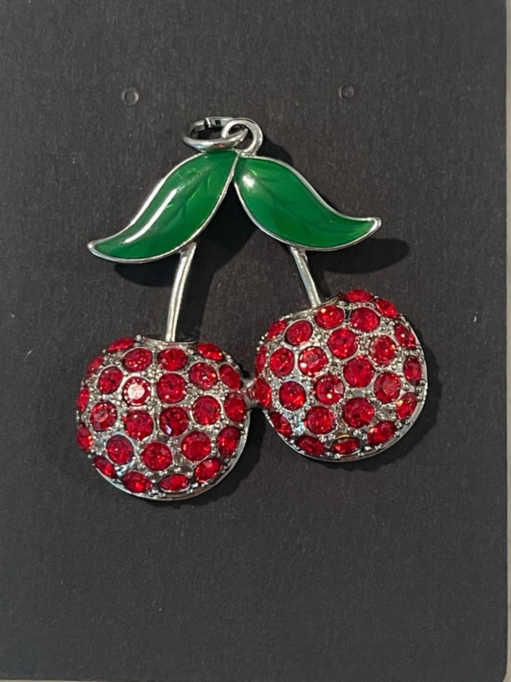 Red Crystal Cherry Pendant with Green Enamel Leaves